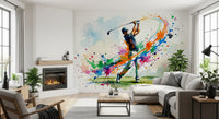Athletic golf mural adding a burst of motion inside a brightly lit living room., GD9922