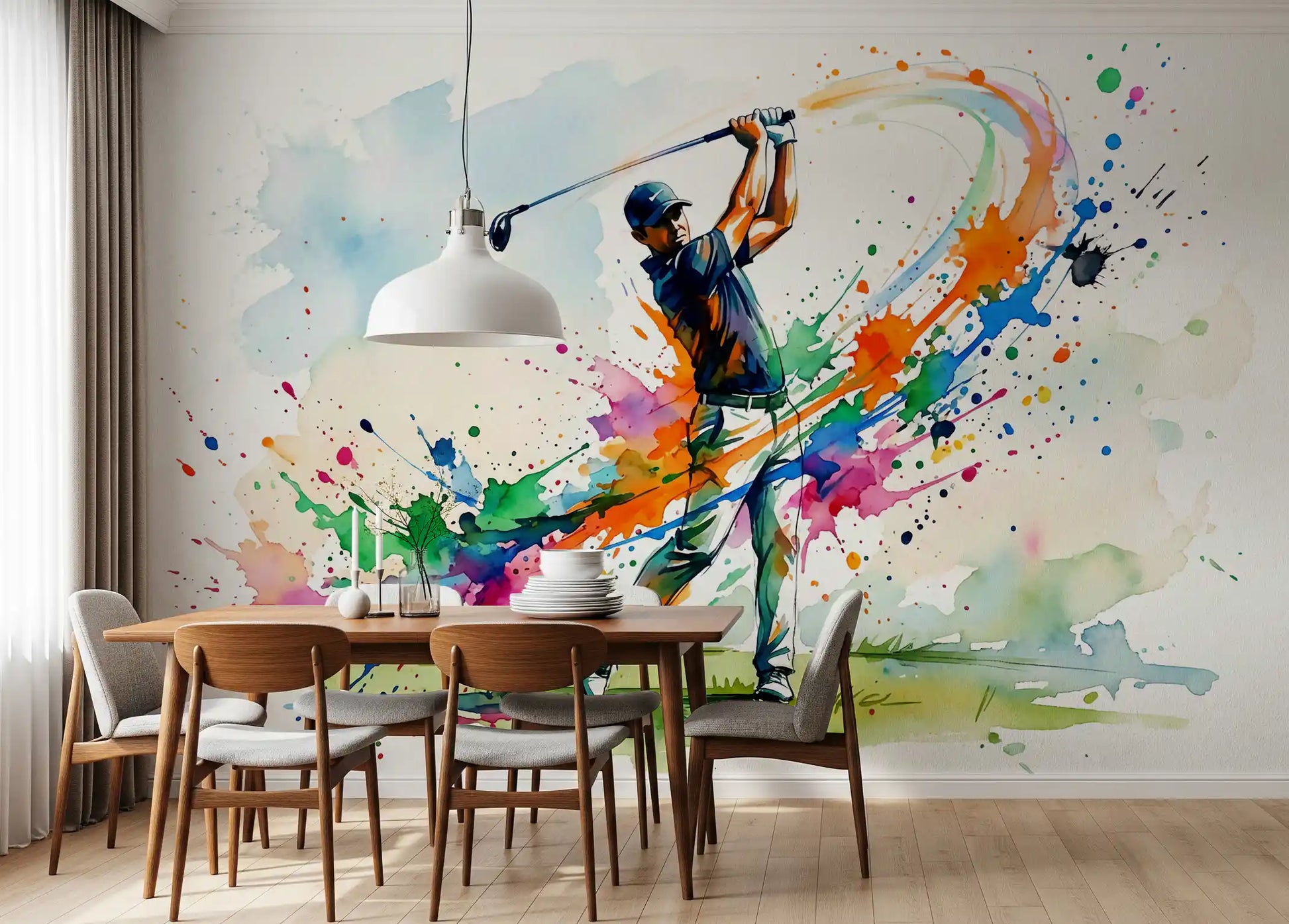 A modern dining area framed perfectly by the colorful dynamic wall mural., GD9922