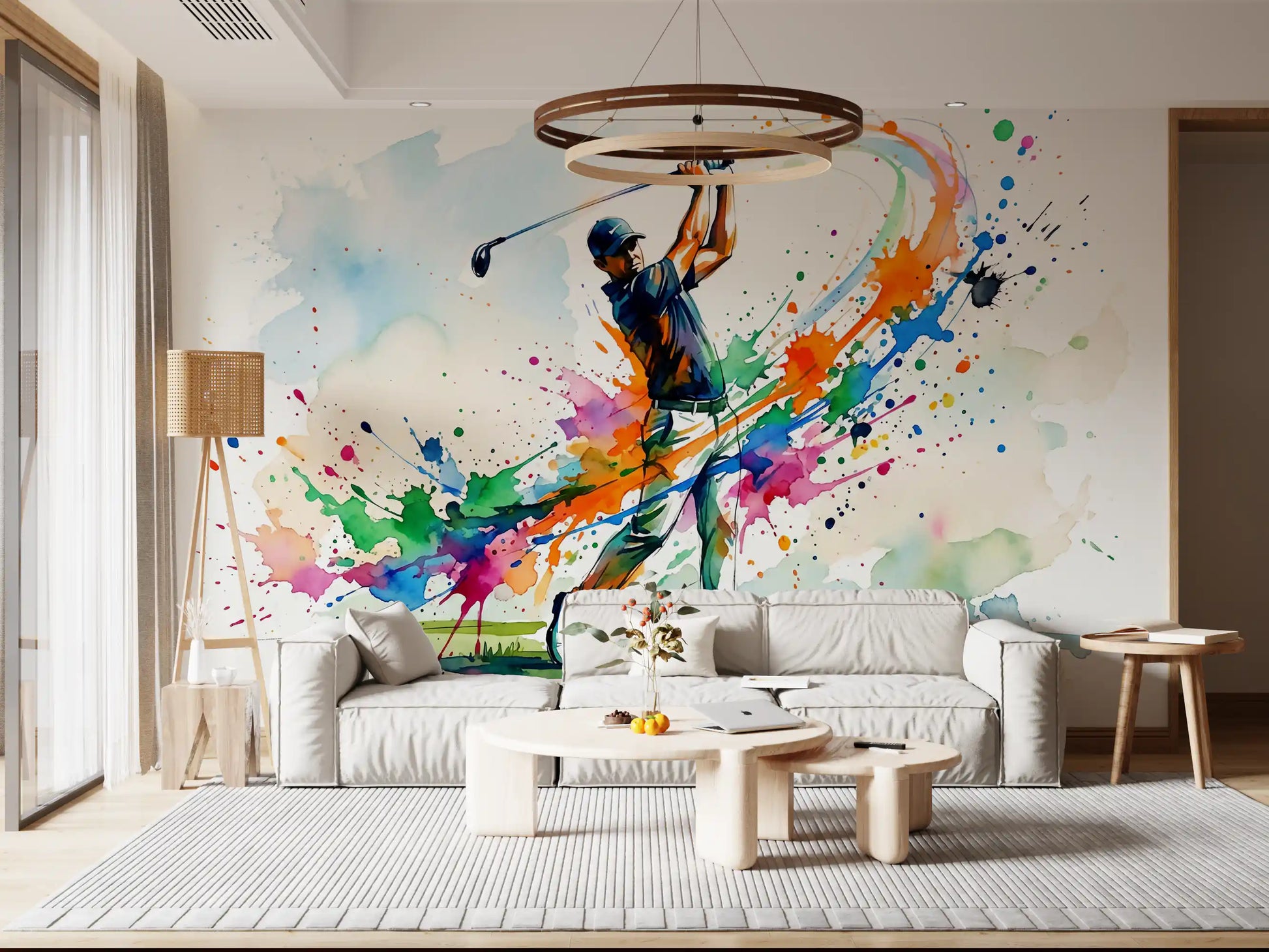 The energetic golf wall mural features vivid color arcs over a crisp white base., GD9922