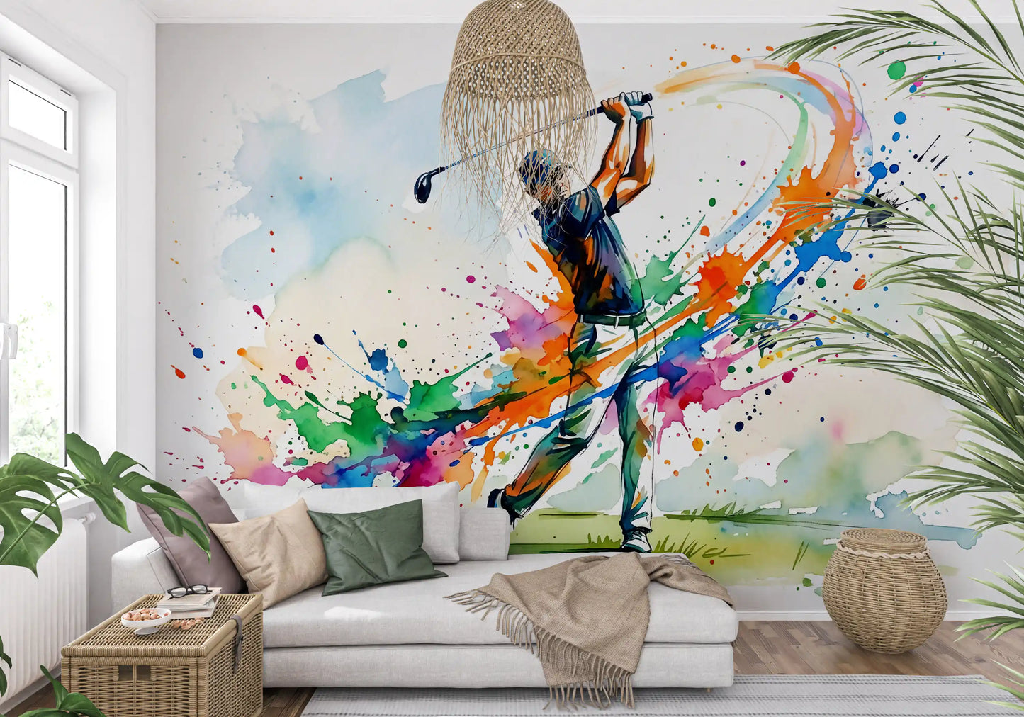Examining the bright paint splatters featured on this athletic golf wall mural., GD9922