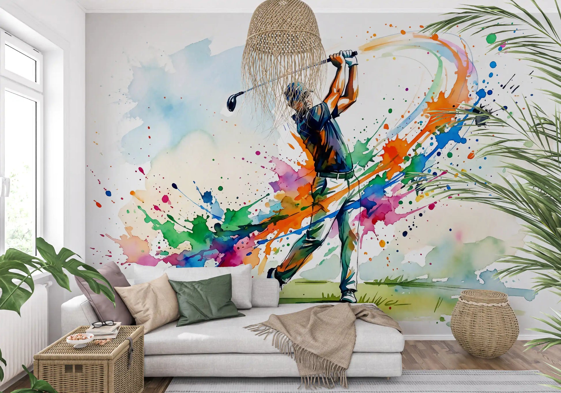 Examining the bright paint splatters featured on this athletic golf wall mural., GD9922
