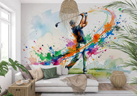 Examining the bright paint splatters featured on this athletic golf wall mural., GD9922