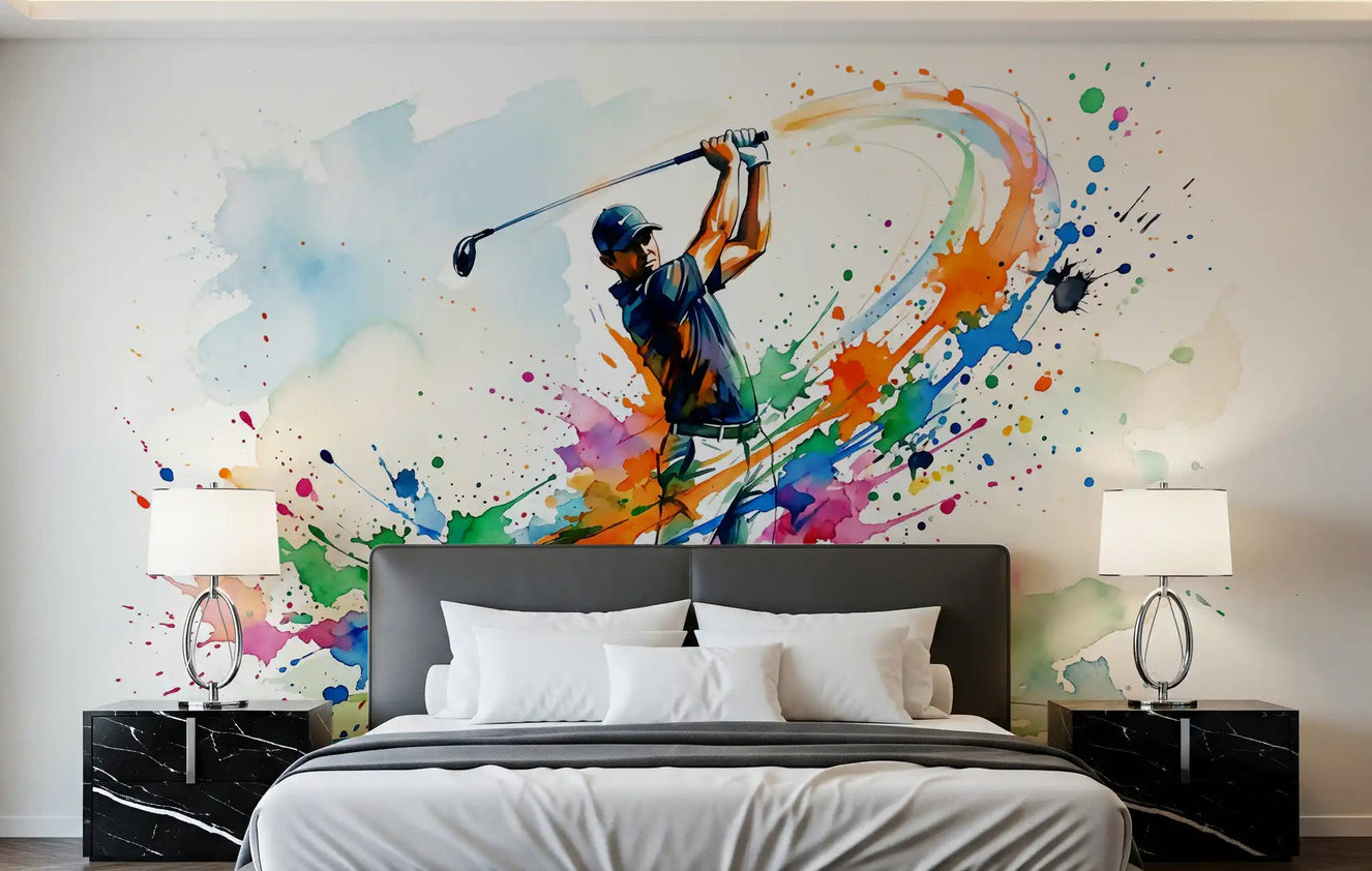 Bright watercolor golf wall mural bringing an athletic vibe to a bedroom.