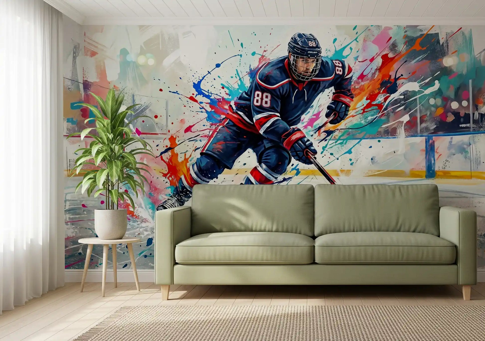 Detailed brushstrokes visible across the vibrant hockey action wall mural., GD9923