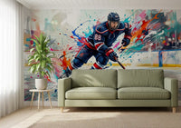 Detailed brushstrokes visible across the vibrant hockey action wall mural., GD9923