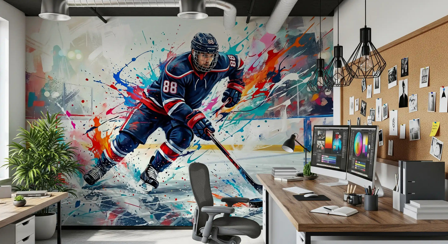 Dedicated study area focused around the colorful hockey player wall paper., GD9923