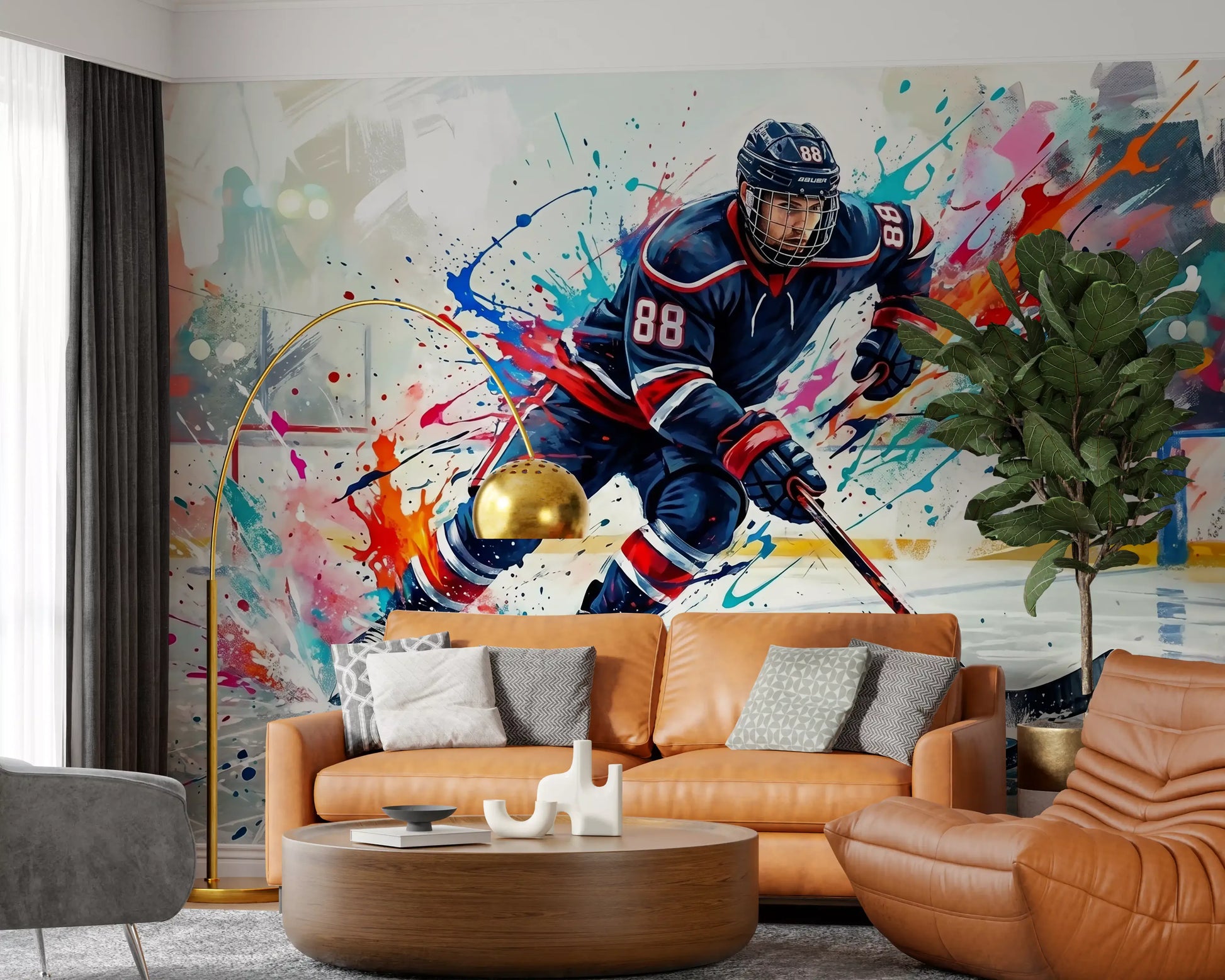 Entertainment hallway brought to life by the fast paced hockey action wall mural., GD9923