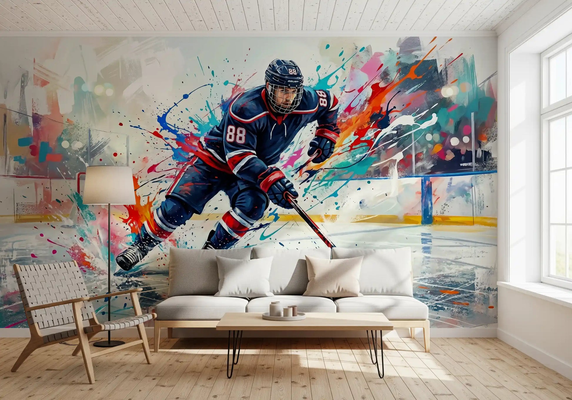 Vibrant splashes on the hockey action wall mural brightens up a modern space, GD9923