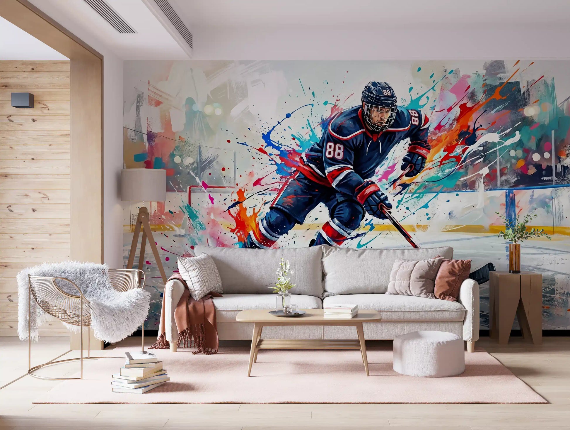 Active living room showcasing the dynamic ice hockey wall mural., GD9923