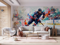 Active living room showcasing the dynamic ice hockey wall mural., GD9923