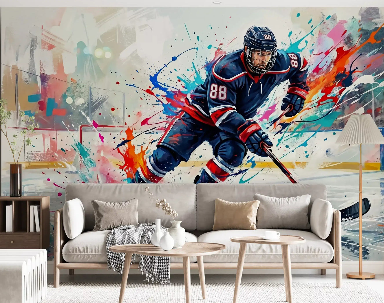 Sports themed lounge highlighted by the intense hockey action wall mural.