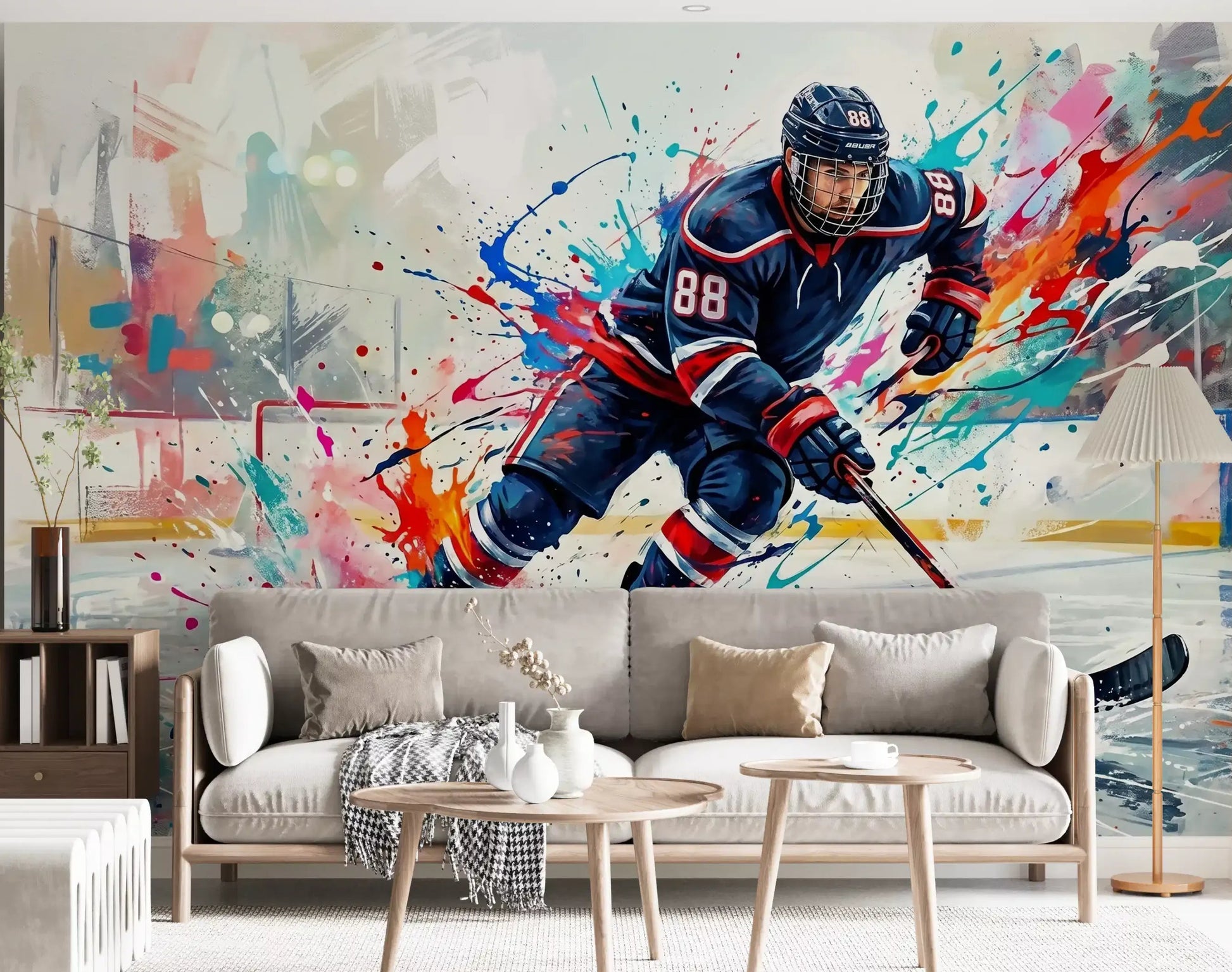 Sports themed lounge highlighted by the intense hockey action wall mural., GD9923