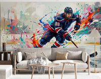 Sports themed lounge highlighted by the intense hockey action wall mural., GD9923