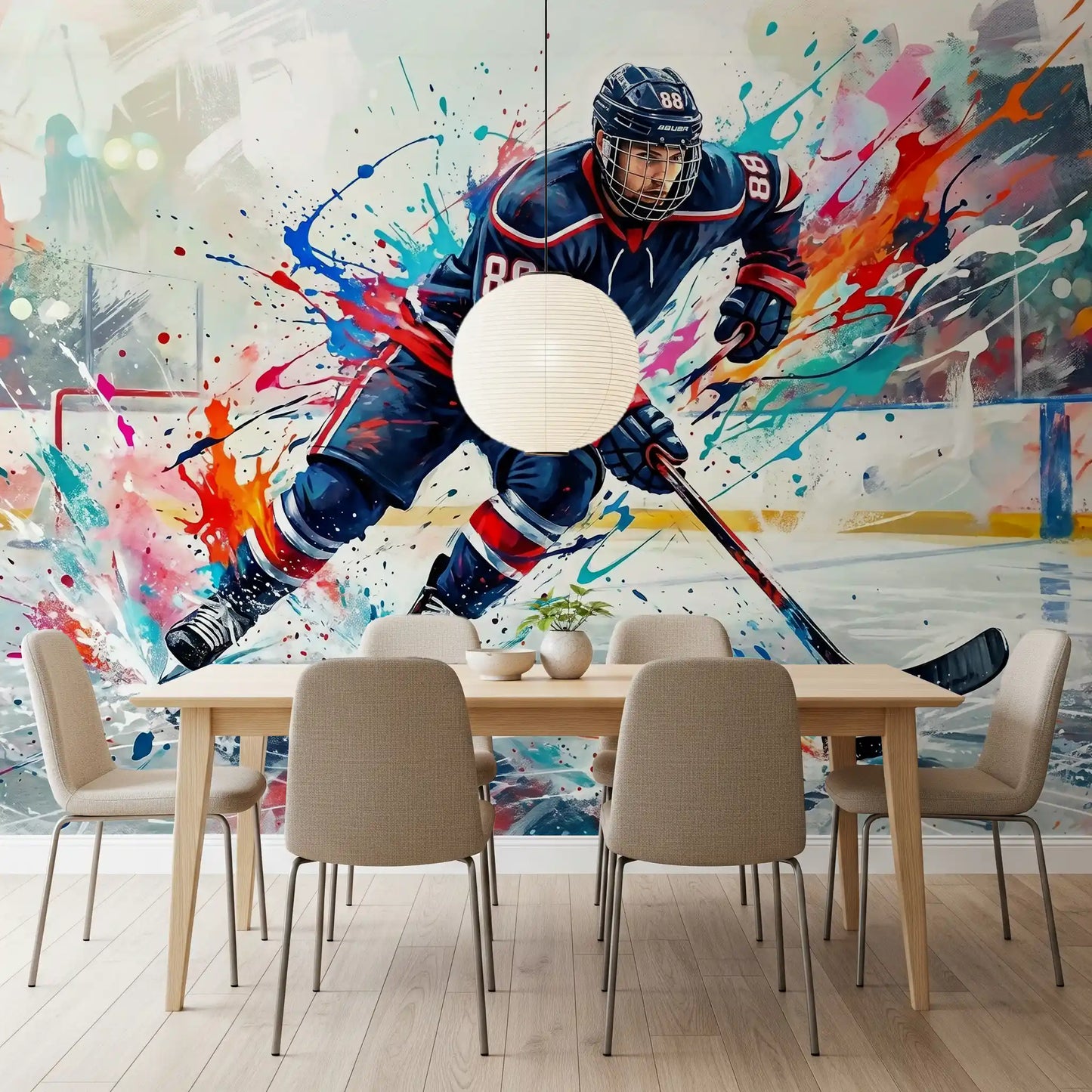 Dynamic red and blue splatters surrounding the athlete on this ice hockey mural., GD9923