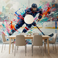 Dynamic red and blue splatters surrounding the athlete on this ice hockey mural., GD9923