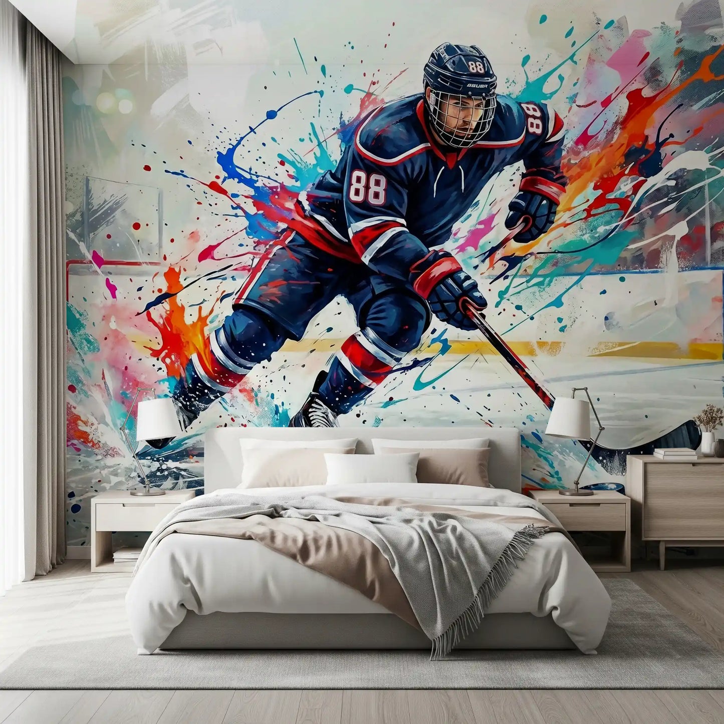 Teenage bedroom featuring the energetic hockey wall mural with colorful paint strokes., GD9923