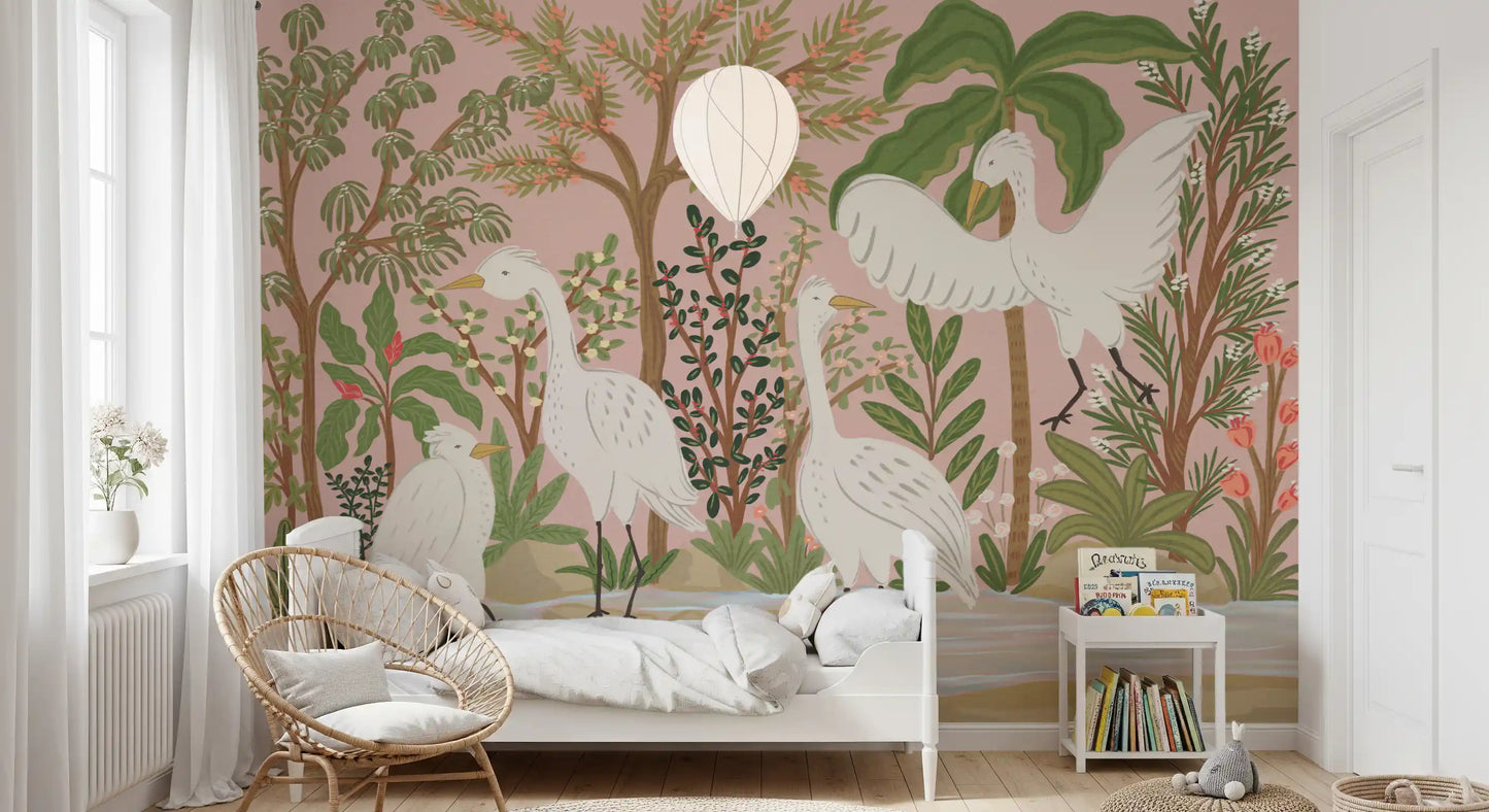 Graceful Egrets in a Serene Botanical Oasis Wall Mural