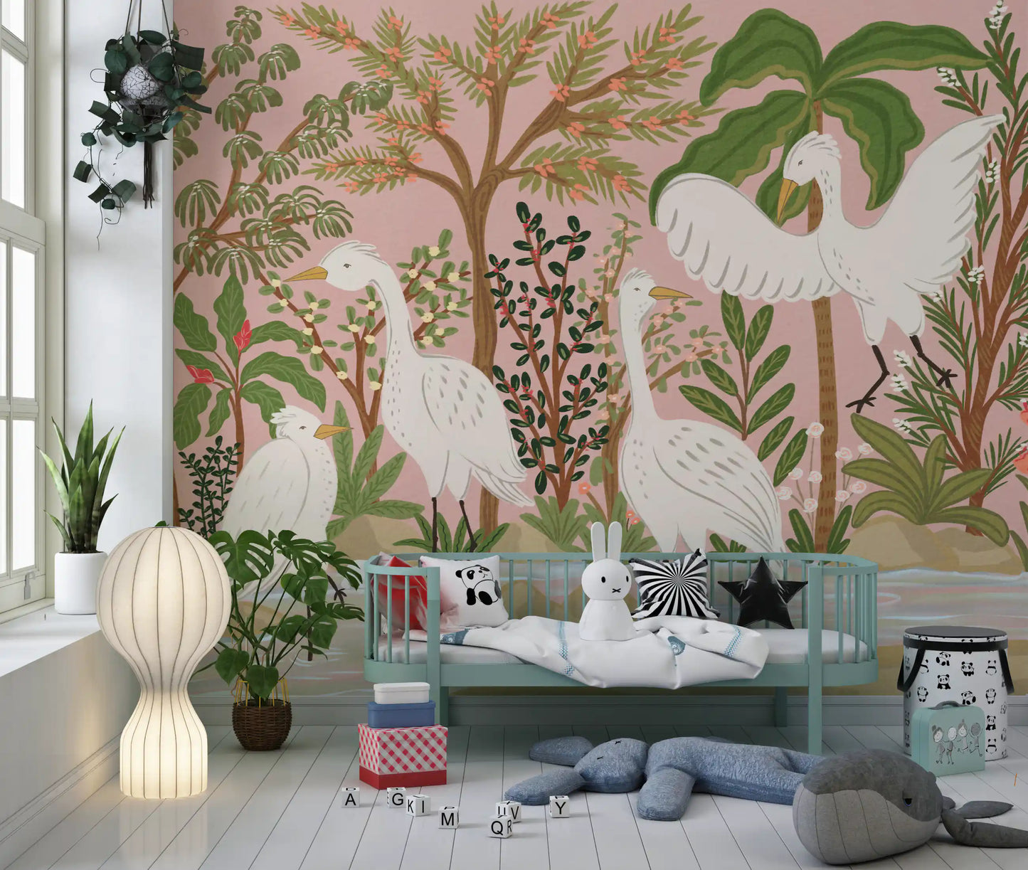 Graceful Egrets in a Serene Botanical Oasis Wall Mural