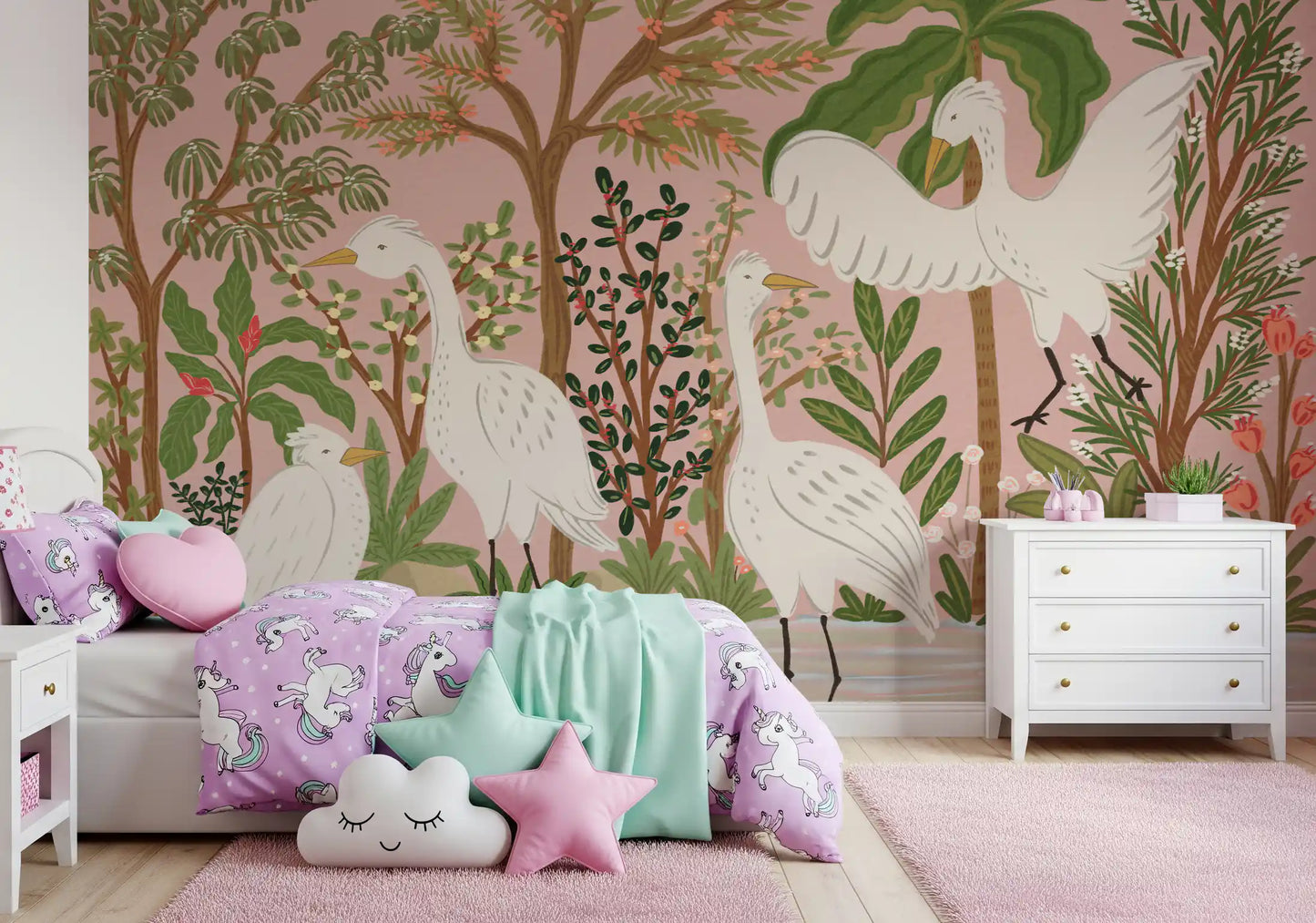 Graceful Egrets in a Serene Botanical Oasis Wall Mural