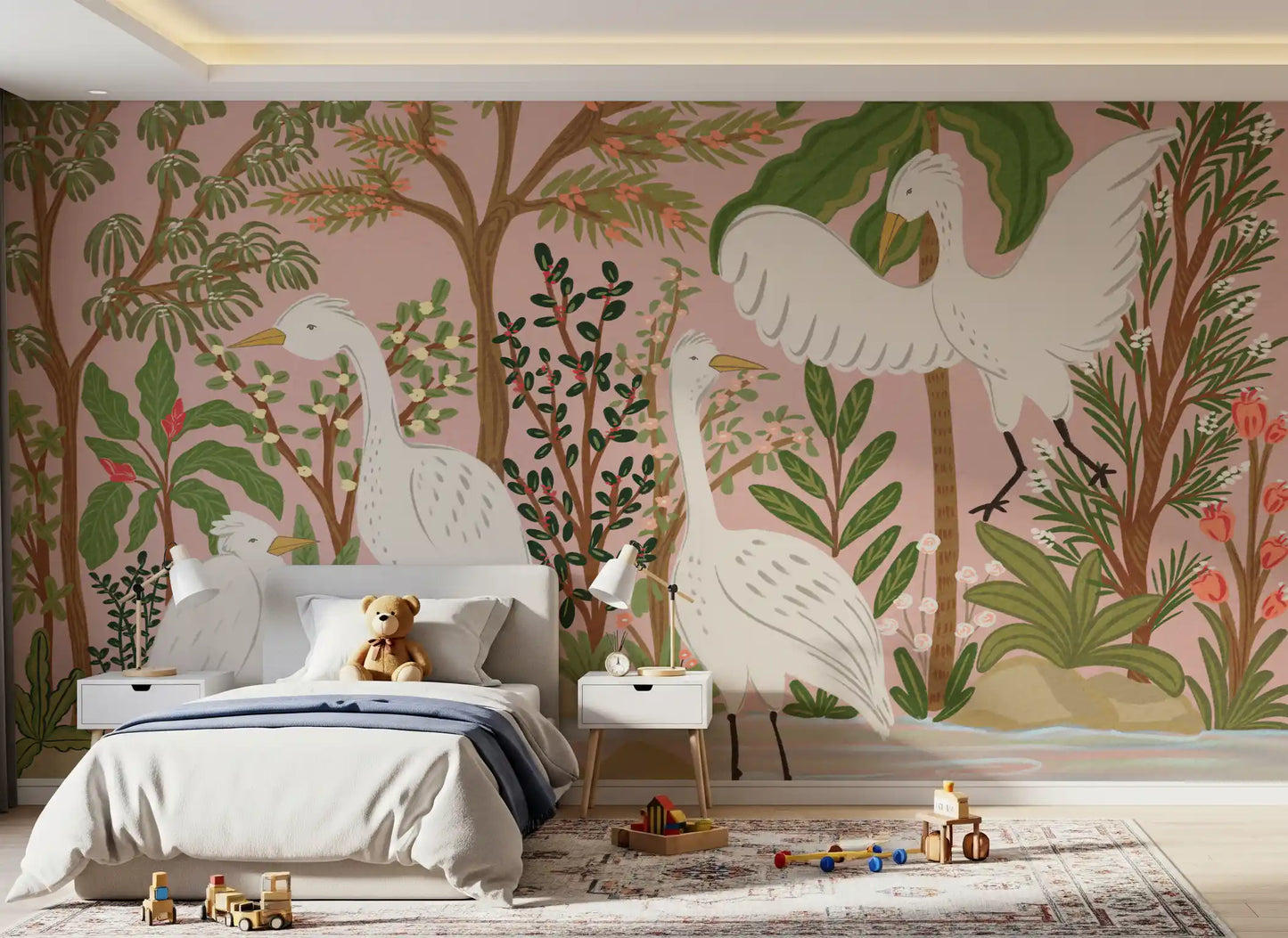 Graceful Egrets in a Serene Botanical Oasis Wall Mural