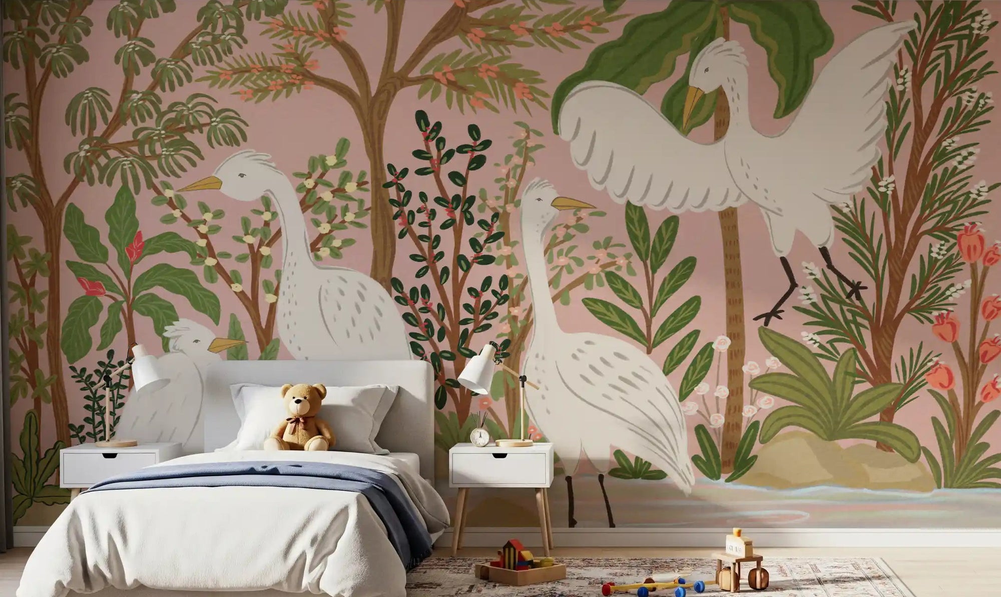 Kids bedroom accented by the bright pink Graceful Egrets wall mural., GD9924