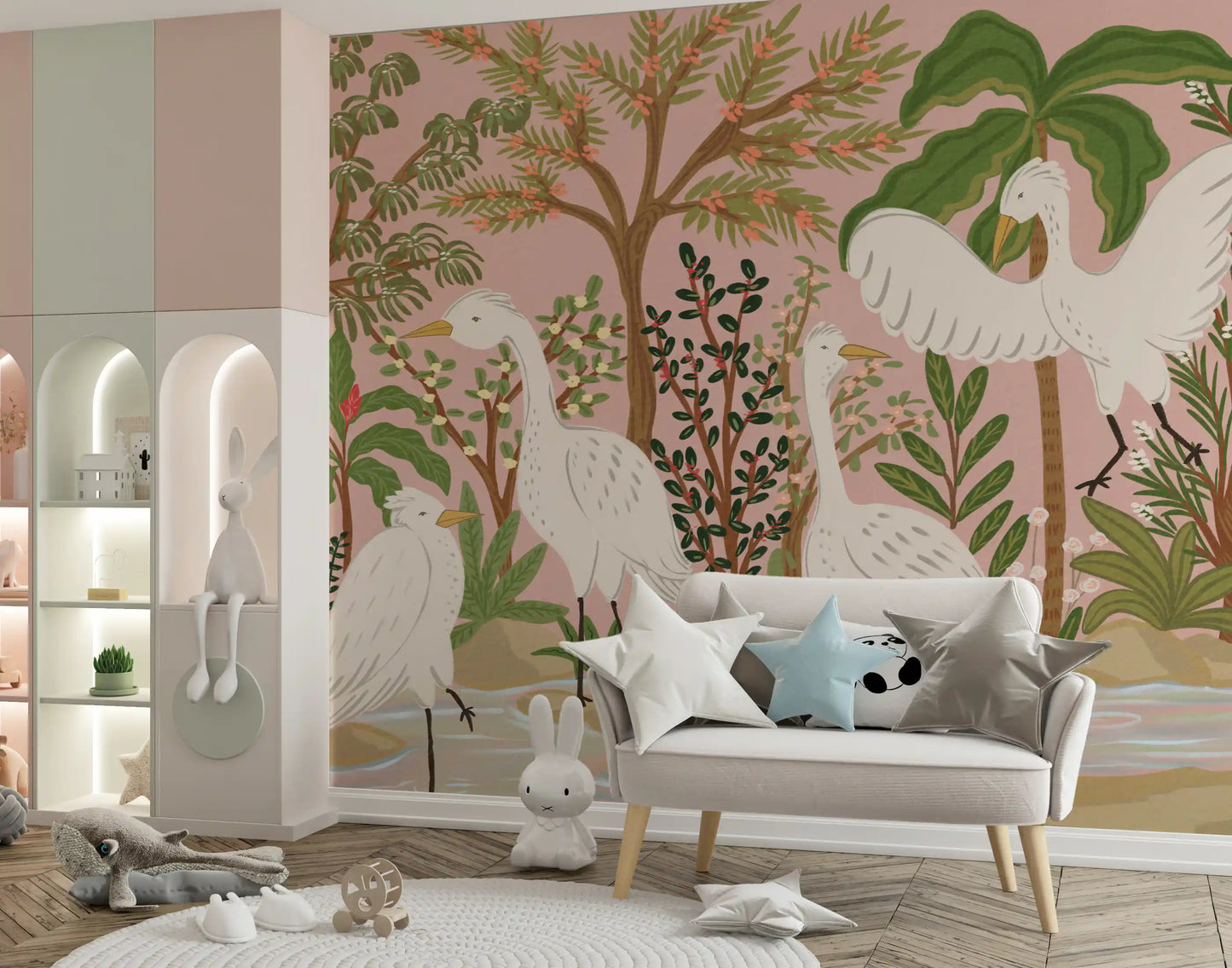 Graceful Egrets in a Serene Botanical Oasis Wall Mural