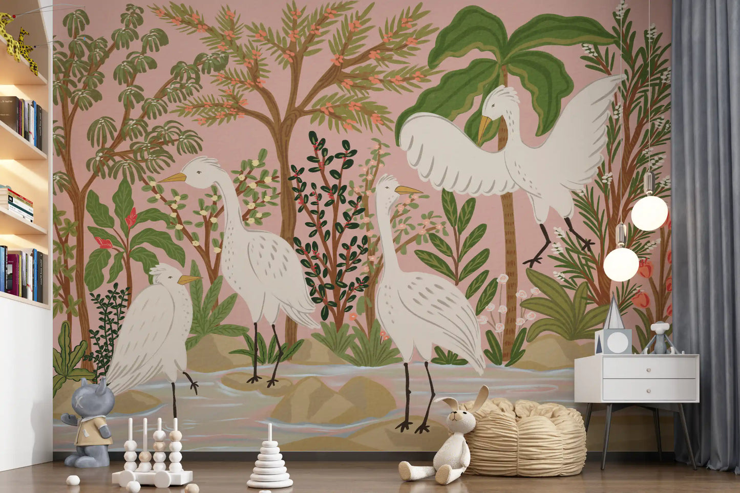 Graceful Egrets in a Serene Botanical Oasis Wall Mural