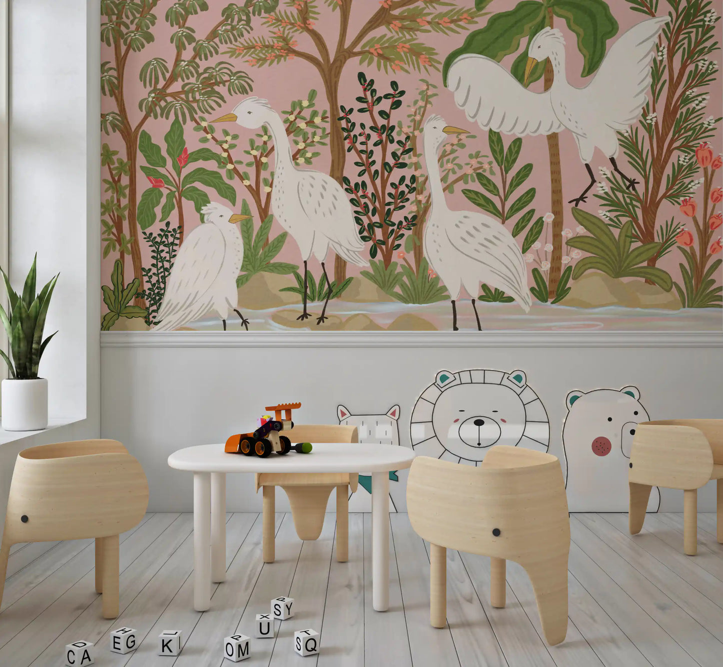 Graceful Egrets in a Serene Botanical Oasis Wall Mural
