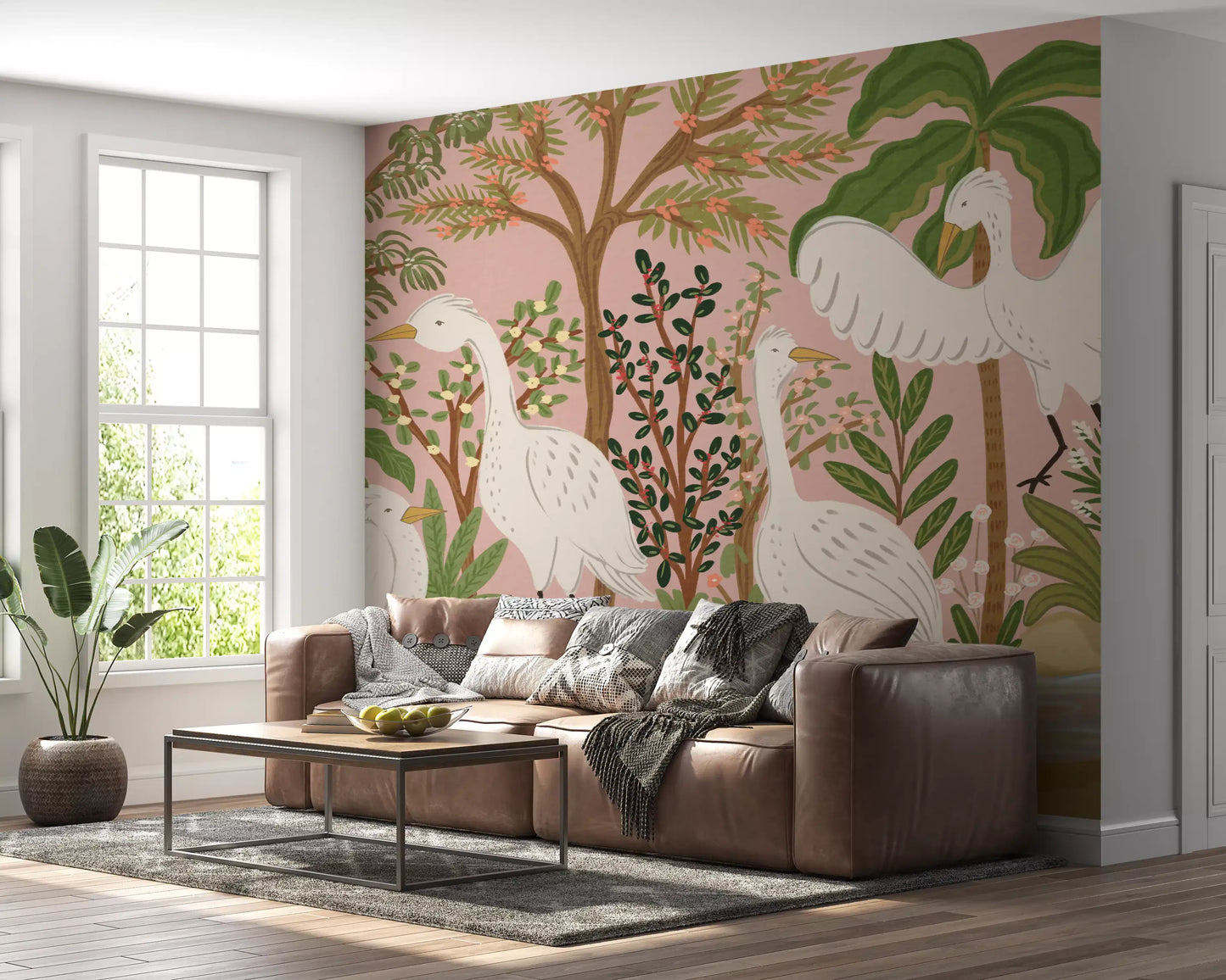 Graceful Egrets in a Serene Botanical Oasis Wall Mural