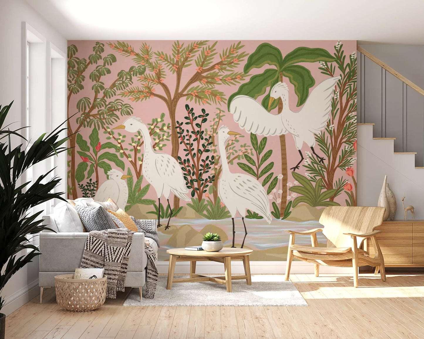 Graceful Egrets in a Serene Botanical Oasis Wall Mural