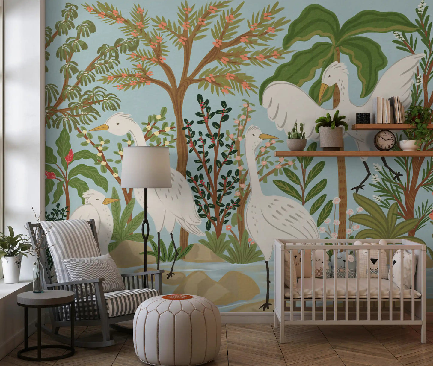 River Egrets: Serene Jungle Dance Wall Mural