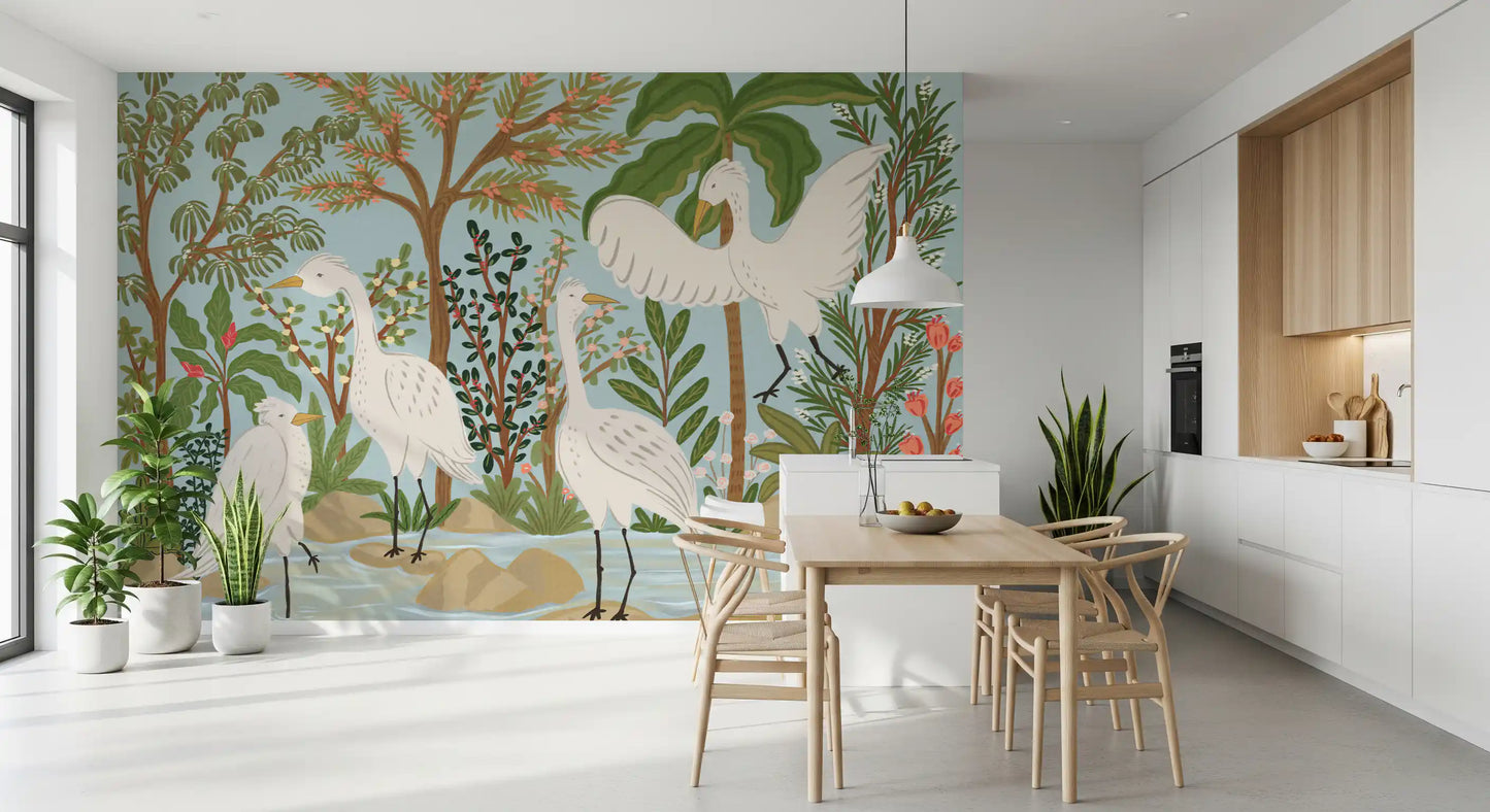 River Egrets: Serene Jungle Dance Wall Mural