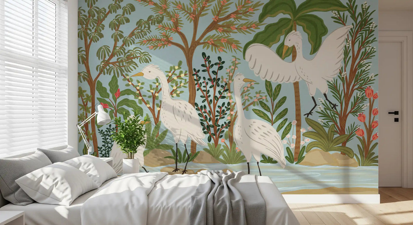 River Egrets: Serene Jungle Dance Wall Mural