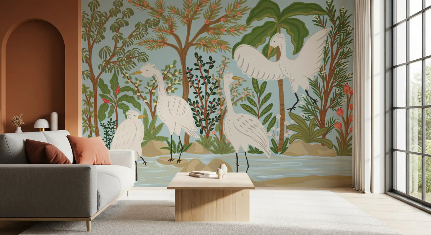 River Egrets: Serene Jungle Dance Wall Mural