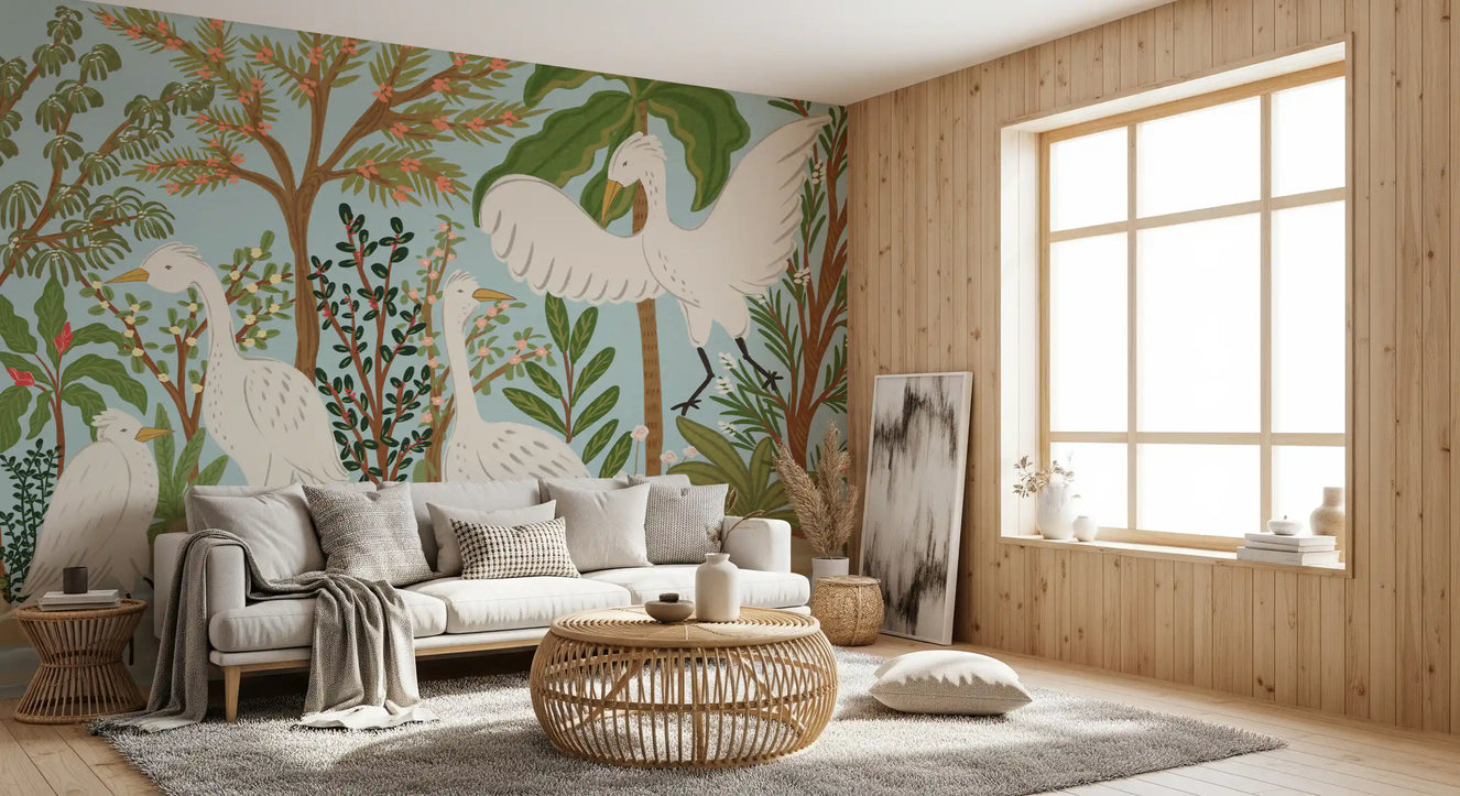 Living room walls showcasing the lush greenery of the Serene Jungle wall mural.