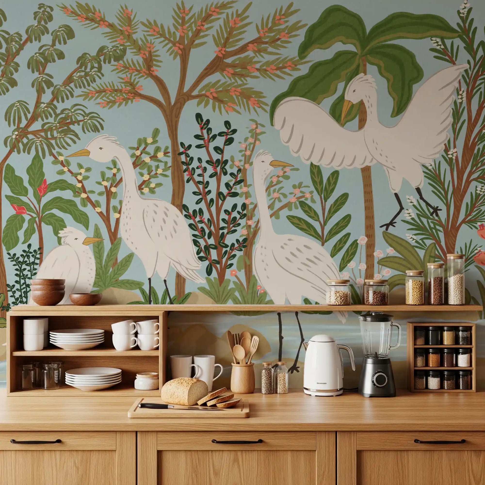Colorful floral elements of the Jungle Dance wall mural brightening a kitchen., GD9925