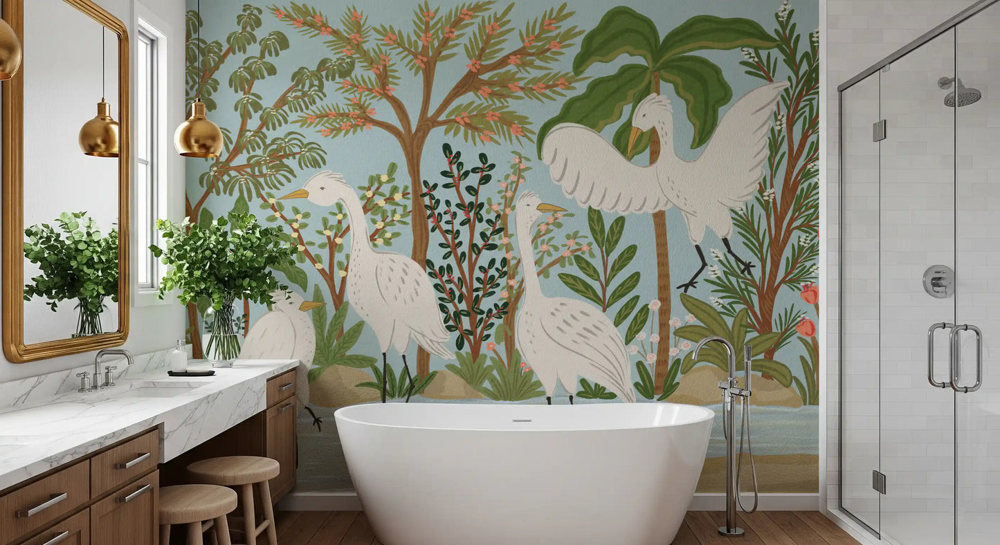 River Egrets: Serene Jungle Dance Wall Mural