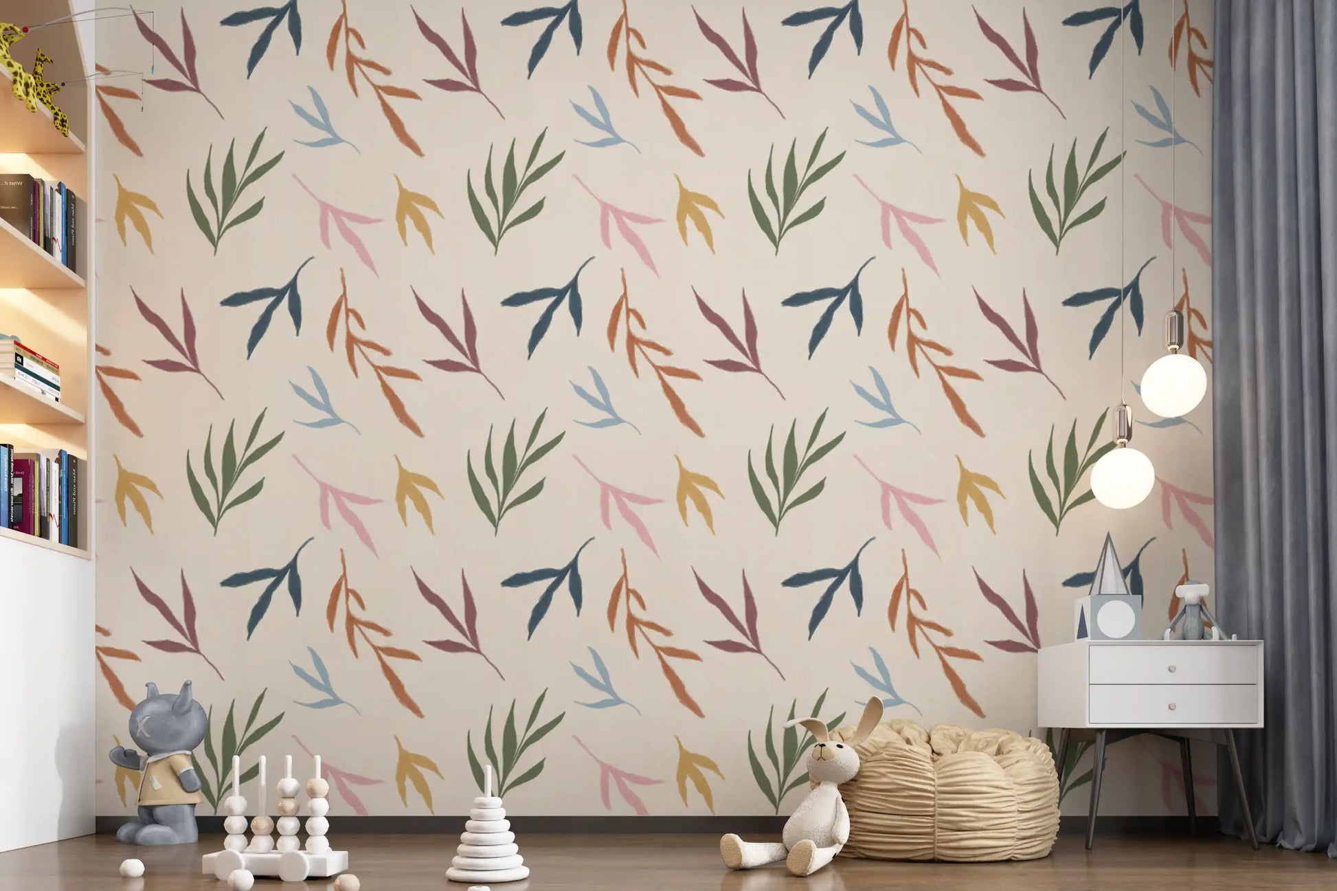 This nursery wall looks refreshed with Tropical Painted Leaves Wallpaper., GD9926