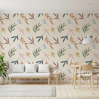 Large lounge walls feature a minimalist tropical wallpaper pattern choice., GD9926
