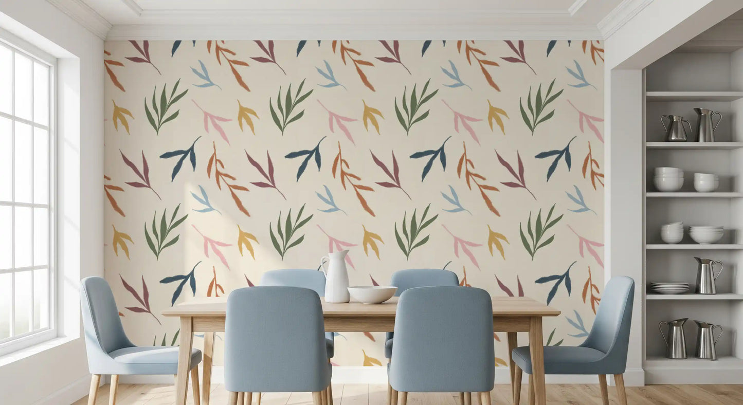 This dining room looks lively with a colorful painted wallpaper accent choice., GD9926