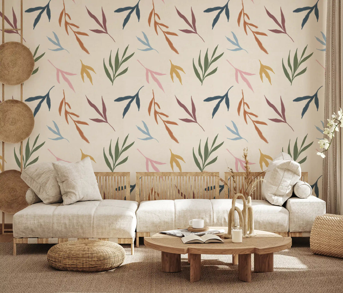 Vibrant colors shine on the Tropical Painted Leaves Wallpaper for living room., GD9926