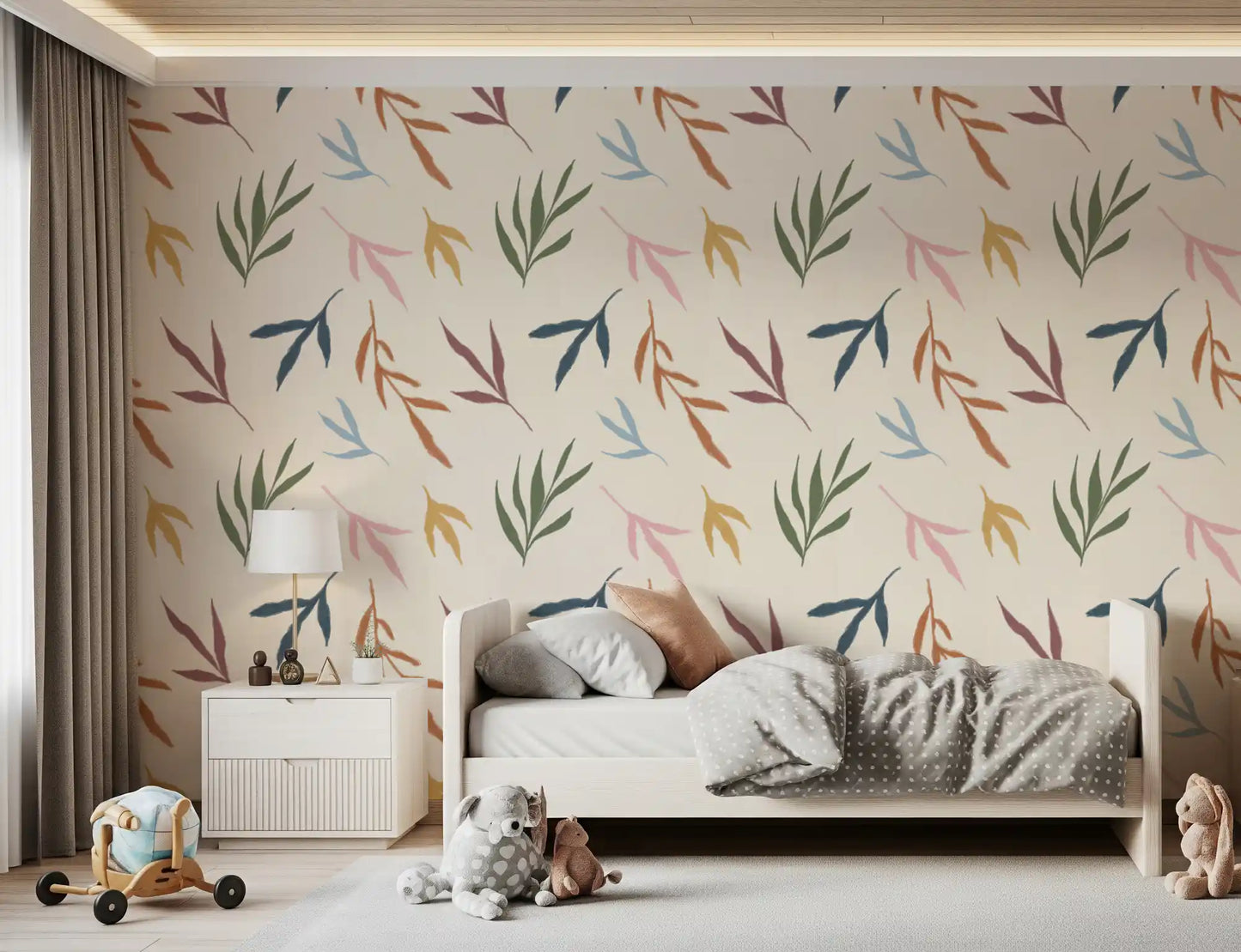 Cheerful leaves wallpaper adds a soft and playful touch to this kids bedroom., GD9926