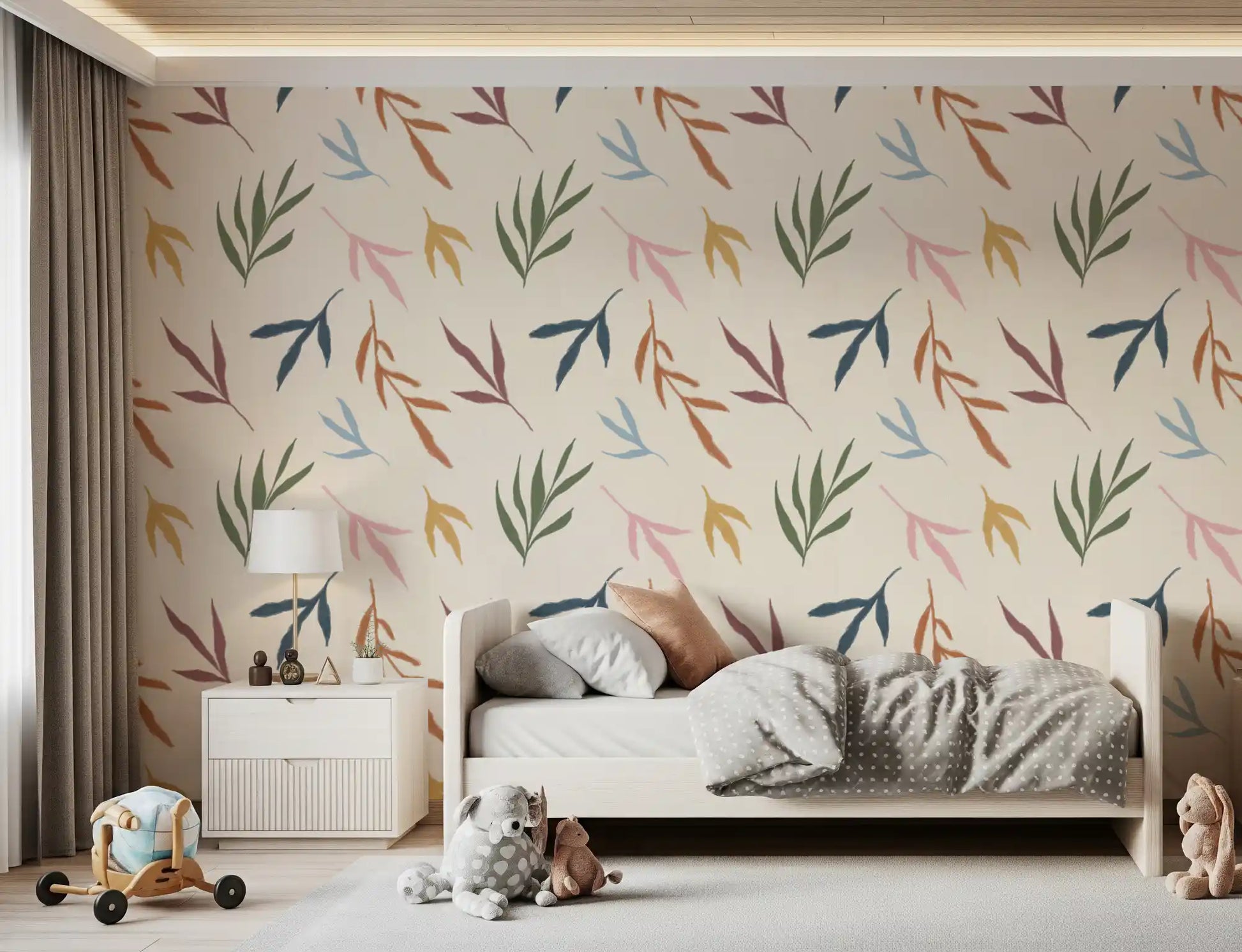 Cheerful leaves wallpaper adds a soft and playful touch to this kids bedroom., GD9926