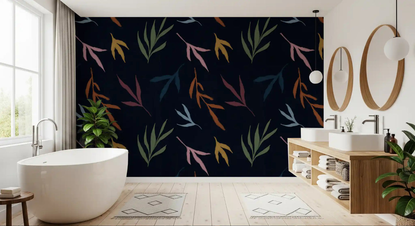 Modern bathroom featuring this vibrant, dark tropical leaf wallpaper.