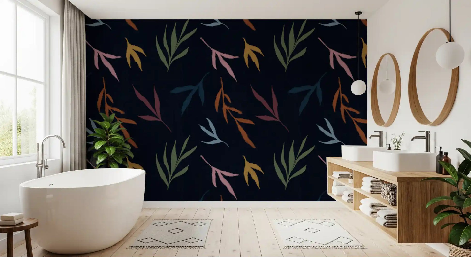 Modern bathroom featuring this vibrant, dark tropical leaf wallpaper.
