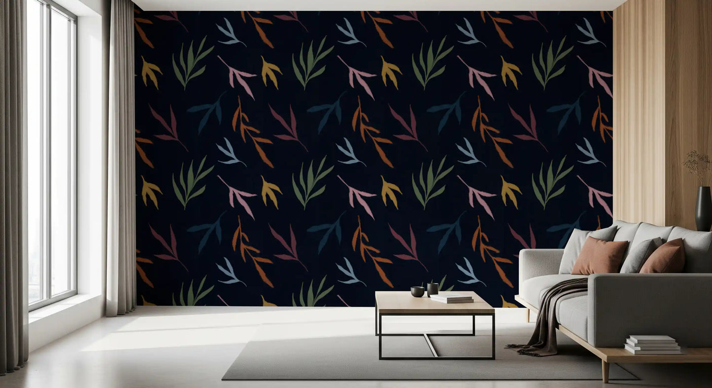 A wide view showing the full pattern of the painted leaves wallpaper.