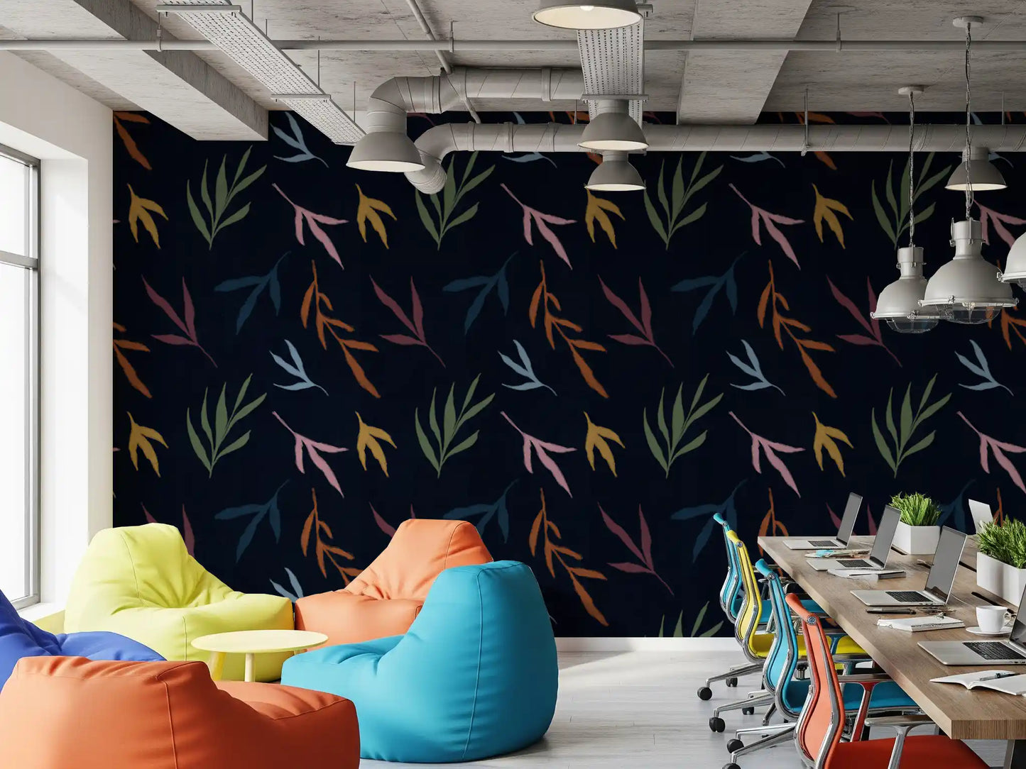 This long office wrapped in the dark Tropical Painted Leaves wallpaper.