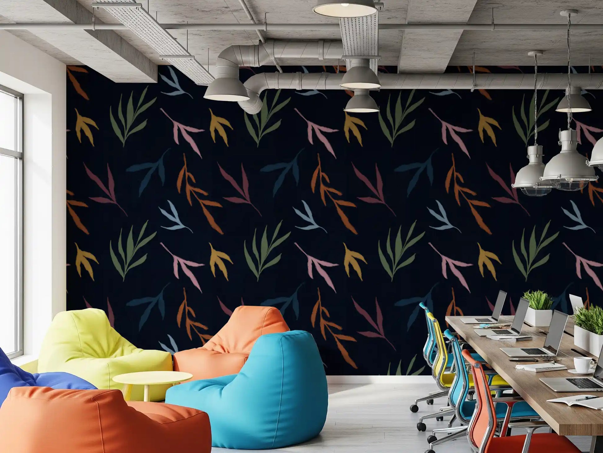 This long office wrapped in the dark Tropical Painted Leaves wallpaper.