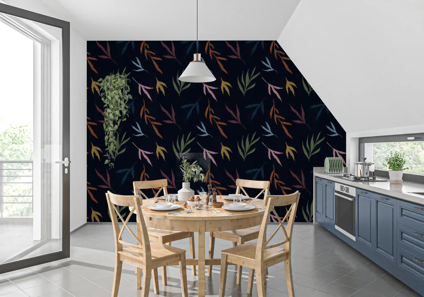 These distinctive, abstract leaf shapes define this tropical wallpaper.