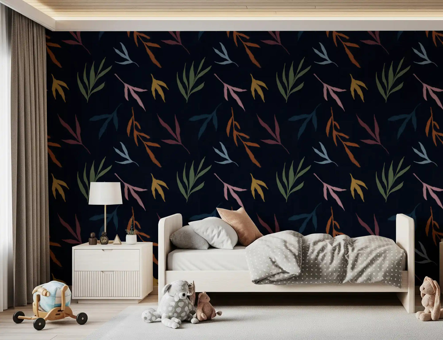 Kids bedrom featuring this dark, colorful painted leaf wallpaper.